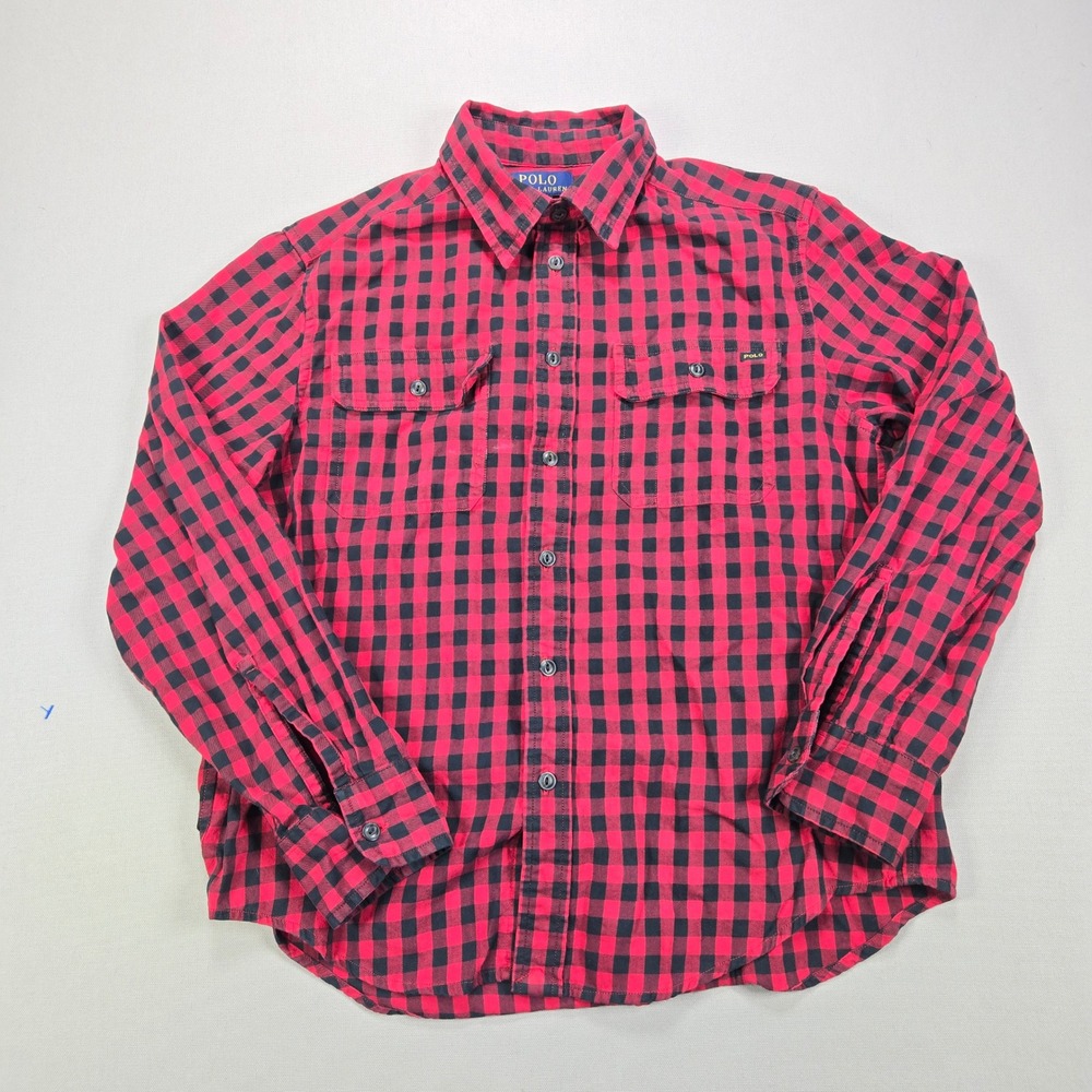 Polo Ralph Lauren Button Down Plaid Flannel Style Red Black Boys Size M 10-12